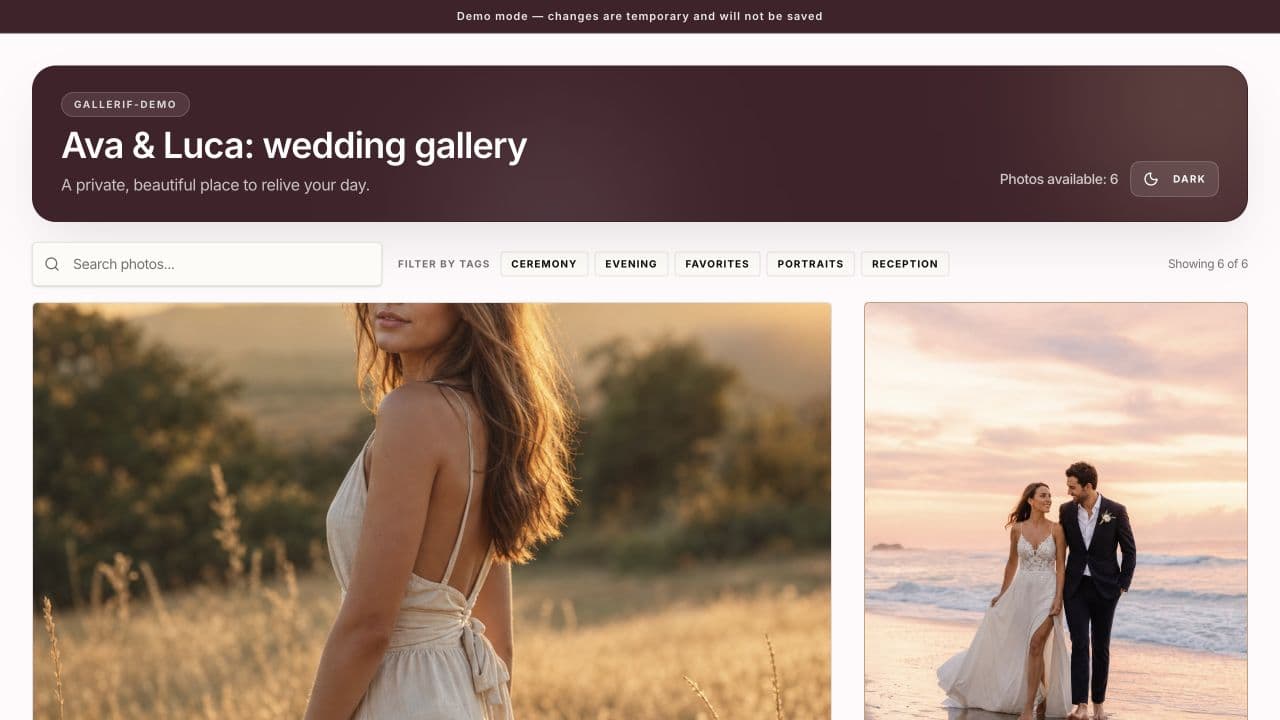 Gallerif demo gallery with photograph search and tag filters