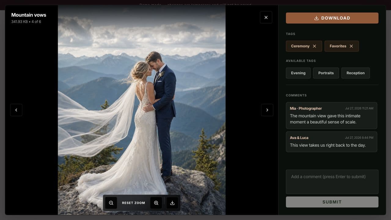 Gallerif photo viewer showing tags, client comments, and a download control