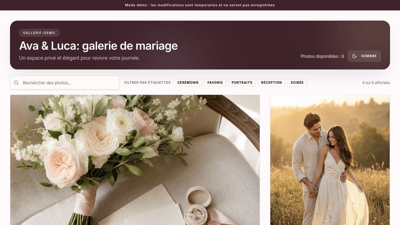 Galerie de démonstration Gallerif avec recherche de photos et filtres de tags