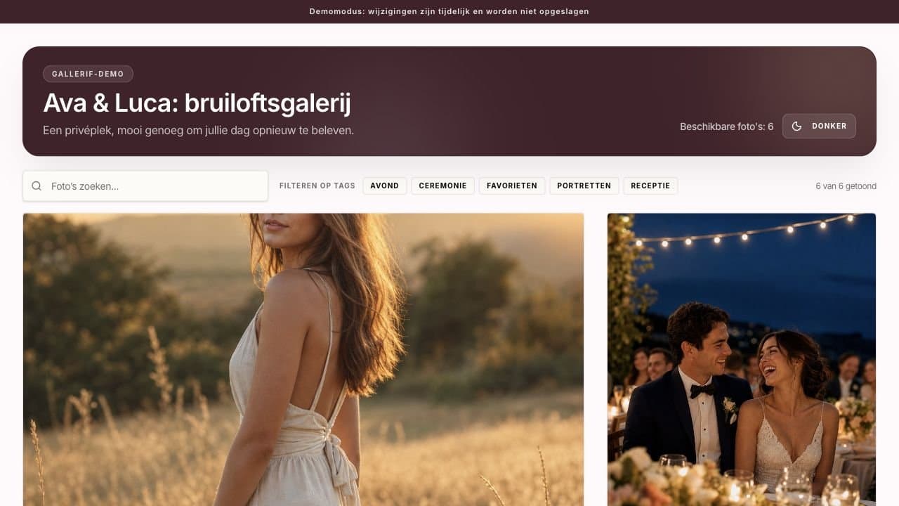 Gallerif-demogalerij met fotozoek- en tagfilters