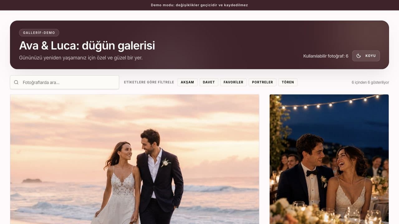 Fotoğraf arama ve etiket filtreleri içeren Gallerif demo galerisi