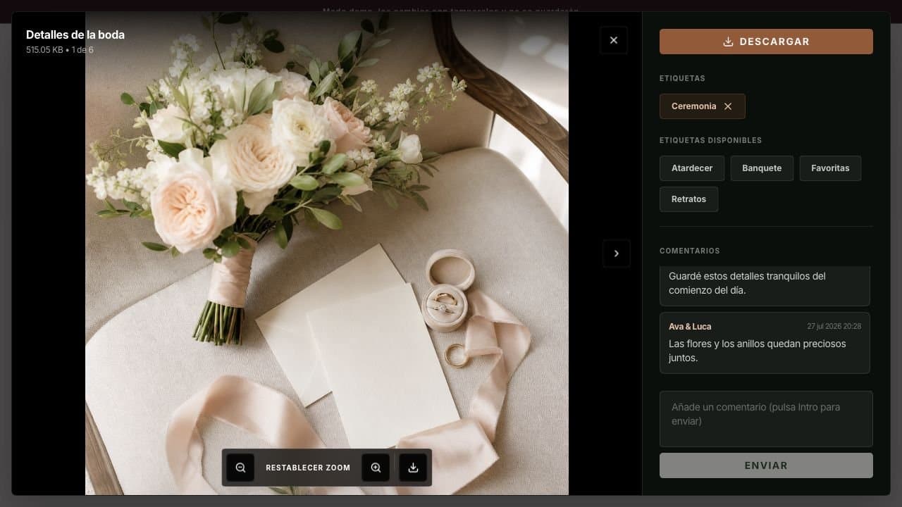 Visor de fotos Gallerif que muestra etiquetas, comentarios de clientes y un control de descarga