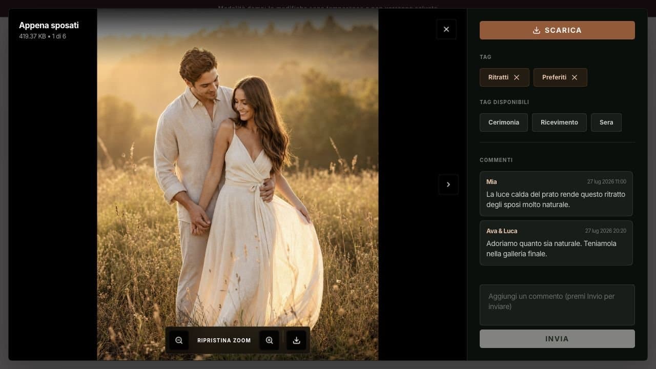 Visualizzatore di foto Gallerif che mostra tag, commenti dei clienti e un controllo di download