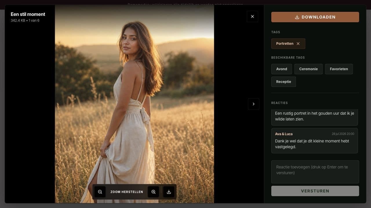 Gallerif-fotoviewer met tags, klantreacties en een downloadcontrole